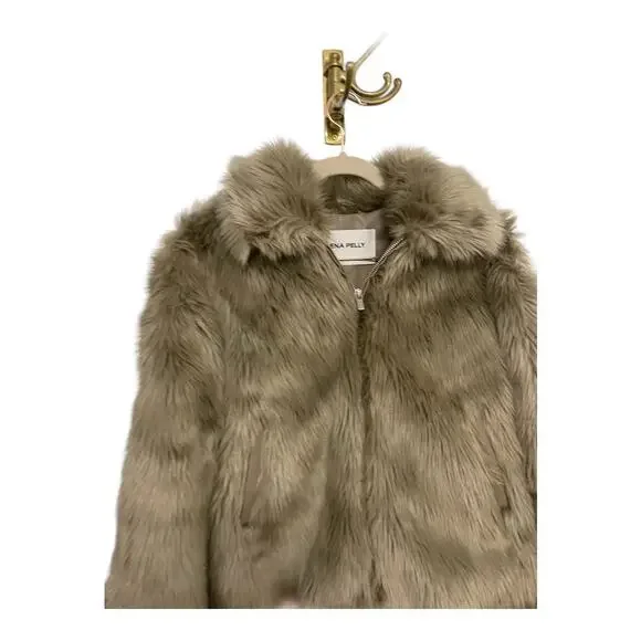 Revolve Ena Pelly Willow Faux Fur Cropped Jacket Zip Up Long Sleeve Taupe Size 2